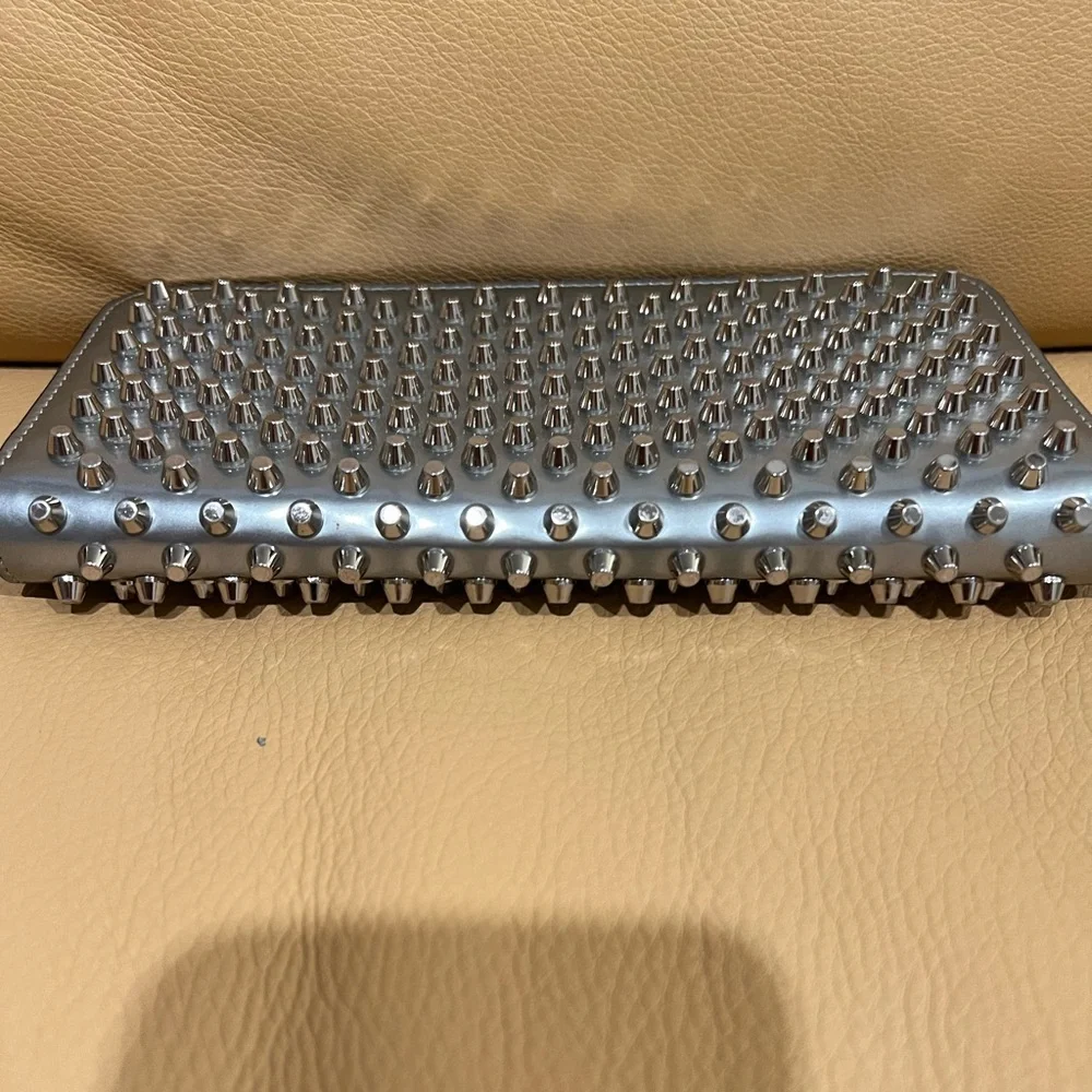 CHRISTIAN LOUBOUTIN Panettone Silver Leather Studded Zip Around Long Wallet - Picture 5 of 10